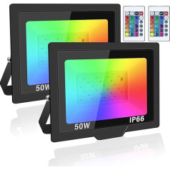 PICAA RGB LED āra prožektors, 50 W prožektors ar tālvadības pulti, LED prožektors, āra prožektors, IP66 ūdensizturīgs, 5000 LM āra prožektors, prožektors iekštelpām, dārzam, pagalmam, svinībām (Pack