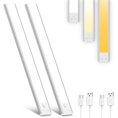 OUILA LED skapīša apgaismojums ar kustības sensoru 41 cm, 3 krāsas, 3 krāsas, aptumšojams, apakšējā gaisma, virtuves LED sloksnes, USB akumulatora uzlādējams skapīša apgaismojums virtuvei, vannas istabai, guļamistabai, 2 gab. komplektā