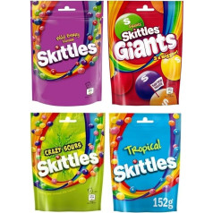 Dažādi saldo Skittles ar augļu aromātu koplietošanas maisiņi - konuss Wild Berry 136g, Fruits Giants 132g, Crazy Sours 136g, konuss Tropical 152g (4 iepakojumi), daudzkrāsains, daudzkrāsains