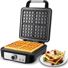 YASHE Belgian Waffle Iron, 4 Slices, Square Belgian Waffle Iron, 5 Browning Buttons, Indicator Lights, Anti-Overflow, Non-Stick Coating, 1200W, Silver/Black