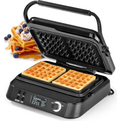 N8werk Premium vafeļu gludeklis Midnight Edition, 1600 W, 5 programmas, 7 brūnināšanas līmeņi, LCD displejs, atpakaļskaitīšanas taimeris, īpaši dziļas uzkarstošās plāksnes īpaši gaisīgām vafelēm.