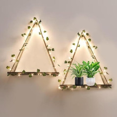 HanYun Sienas plaukts Koka plaukts, 2 pakotnes ar Ivy Fairy Lights, sienas plaukts, koka peldošie plaukti ar auklu Boho dekorēšanai, guļamistabai, vannas istabai, viesistabai, balkona plauktam