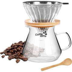 Caffè Latte manuālais kafijas automāts no borosilikāta stikla 600 ml - kafijas automāts ar nerūsējošā tērauda filtru, atkārtoti lietojams, kafijas trauks ar bambusa pamatni un karotīti komplektā