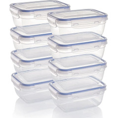 Grizzly Plastic Food Storage Containers Set, 8 x Storage Jars with Lid, Rectangular, Stackable, Breakable, Microwave and Dishwasher Safe