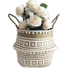 Szetosy Natural Seagrass Storage Basket - GoodChanceuk Seagrass Woven Basket with Pom Poms - Salokāms austs grozs ar rokturi veļas mazgāšanai, rotaļlietām, stādu audzētājiem, bērnistabai