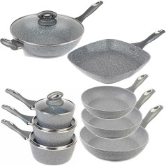 Salter COMBO-8572A 8 daļu pannu komplekts, 16/18/20 cm pannas, 20/24/28 cm pannas, panna Wok ar vāku un vāku, panna Griddle, nesadalāms, piemērots indukcijas plīts virsmai, veselīgāka gatavošana bez eļļas vai ar mazu eļļas daudzumu, marmora a