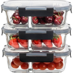 HOUSZY 3 Pack Glass Food Storage Containers 2 Compartment Portion Control Food Storage Airtight Leak Proof Snap Lock BPA Free Microwave Dishwasher and Oven Safe