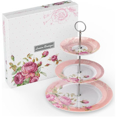 London Boutique 3 Tier Cake Stand Afternoon Tea Plate Bone China Vintage Flora Gift for Her (Pink)