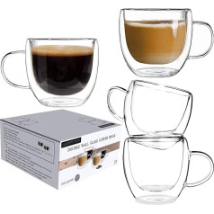 Stikla krūzes ar dubultām sieniņām un rokturi tējai un kafijai, izolētas glāzes, karstumizturīgs termiskais krūzītis kapučīno, latte, tējas dzērieniem (4 x 250 ml komplekts)