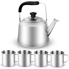 Odoland tējkanna Camping Kettle 3L kafijas katls tējkanna āra trauku komplekts ar tējkannu un 4 nerūsējošā tērauda tasēm Camping Cookware Set Ideal for Outdoor Picnic Hiking