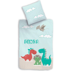 termana Dino gultas veļas komplekts 135 x 200 cm Bērnu gultasveļa zēniem Dinozaurs piparmētrāsā 1 spilvendrāna 80 x 80 cm + 1 segas pārvalks 135 x 200 cm 100% kokvilna, 2 gab. komplekts