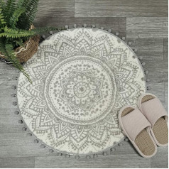 Boho mazie vannas istabas paklājiņi, Mandala mīksts paklājs ar Pom Pom bārkstīm, neslīdošs pūkains paklājs priekšnamam, vannai, izlietnei, guļamistabai (pelēks, 90 cm apaļš)