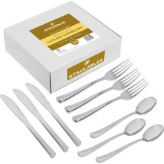 STACKABLES ~ 120 gabaliņu galda piederumu komplekts ~ karotes, dakšiņas un naži ~ eleganti cietā plastmasas galda piederumi ~ atkārtoti lietojami galda piederumi kāzām, ballītēm un pasākumiem (pulēts sudrabs)