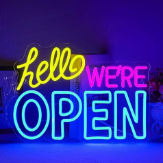 Ineonlife Open Neon Sign, Dimmable LED Light for Wall Decoration, neona gaismas zīmes ar USB, Blue Yellow Pink Hello WE'RE OPEN Neon Lights for Business Bar Shop Salon Hotel Cafe Store