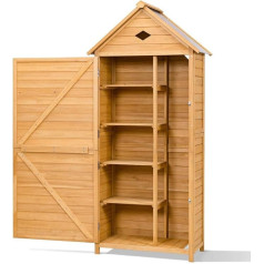 GOPLUS koka dārza nojume 80 x 45 x 176 cm Laikapstākļiem izturīga instrumentu nojume ar seglu jumtu un 5 plauktiem un slēdzeni, dārza skapis terasei un balkonam, dārza instrumentu uzglabāšanai (gaiši brūna)
