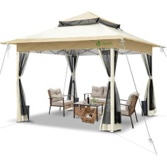 VOUNOT Pavillon Faltbar 3.6x3.6m, UV Schutz 50+ & Wasserdicht & Stabil, Pop Up Faltpavillon mit 4 Seitenteilen / Moskitonetz, Gartenzelt Partyzelt Gartenpavillon mit 4 Gewichte, Tasche, Beige