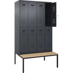 kaiserkraft | Doppelstock-Spind Evolo Plus Sitzbank | 4 Abteile | grau | B 1200 mm | Zylinderschloss | mit untergebauter Sitzbank | Buche