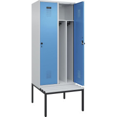 kaiserkraft | Spind Evolo Plus mit Trennwand mittig und Sitzbank | 2 Abteile | Trennwand mittig | lichtgrau/lichtblau | B 800 mm | Sicherheits-Drehriegel | mit untergebauter Sitzbank | Kunststoff