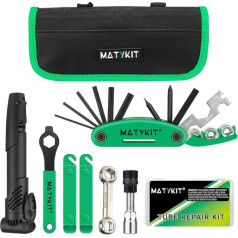 MatyKit velosipēdu remonta komplekts ar instrumentu somu + velosipēdu sūknis + velosipēdu multifunkcionālais rīks + kloķu izvilcējs un uzgriežņu atslēga + kaulu atslēga + riepu svira + velosipēdu bezlīmējošo lāpstu komplekts