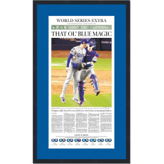 HOFSM.COM Slavas zāle sporta piemiņas lietas Los Angeles LA Times Dodgers That Ol' Blue Magic 2024 World Series Champions ierāmēta fotogrāfija 15 x 25 collas beisbola laikraksts profesionāli matēts