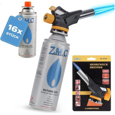 Z.M.C gāzes deglis 1,3 kW + 16 gāzes kasetnes 227 g, flambēšanas deglis līdz 1300 °C, Bunsena deglis ar regulējamu liesmu Virtuves deglis ar regulējamu liesmu