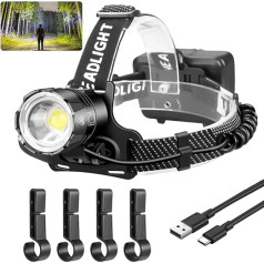 NAKCNM LED uzlādējams lukturis, galvas lukturis, galvas lampa, galvas lampa, piedzīvojumu gaisma ar akumulatoru, 10 000 lūmenu, īpaši spilgta barošanas banka, 3 režīmi, regulējams fokuss, ūdensizturīgs