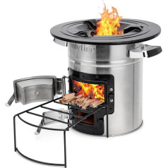 Onlyfire Rocket Stove Brīvdabas kempinga malkas plīts Nerūsējošā tērauda kempinga plīts ar malku holandiešu cepeškrāsnij, grila pannām, malkas statīvs, dubulto durvju dizains, āra ēdiena gatavošana, Hobo krāsns, BBQ kempinga krāsns