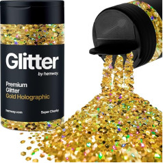 Hemway Zelta hologrāfiskais spīdums Super Chunky 115 g / 4,1 oz pulveris metāliskās sveķu sveķu pulveris Glitter Flake Sequins epoksīdsveķu kausiem, matu sejas ķermeņa acu nagu mākslas festivāls