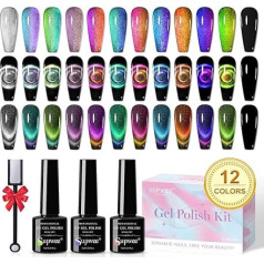 SUPWEE Cat Eye UV gēla nagu laka, 12 krāsas, 9D hameleona galaktikas magnētiskā gela komplekts, vairāku kaķu acu efekts ar magnētisko pildspalvu, nagu laka, iesūcoša UV gēla nagu laka, DIY gēla nagu laka