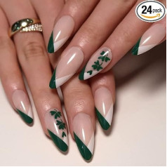 Kaichen Künstliche Nägel zum Aufkleben Mandel, Grün Vierklee Press On Nails Mittel, Beinhaltet 24 Nägel, 24 Klebeetiketten, 1 Maniküre Stick, 1 Mini Feile