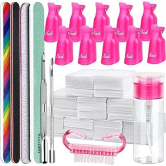 HNYYZL Gēla nagu lakas noņemšanas komplekts 10 plastmasas nagu skavas, 550 kokvilnas spilventiņi, 100 ml tukša pudeles dozators, 7 nagu vīles, 100/180 smiltis, 1 nagu birstīte un 2 kutikulu stūmēji