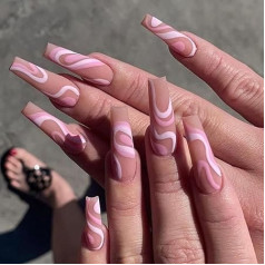 Sethexy Coffin Matt False Nails Snake Line Nails Stick Abstract Pink Art False Nails 24 gabali Akrila Press on Nagi sievietēm un meitenēm Rozā (rozā)