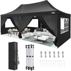 COBIZI lapene 3 x 6 m Saliekamā lapene 3 x 6 m Ūdensizturīga stabila ziemcietīga ballīšu telts Saliekama pop-up lapene ar 6 sānu sienām UV aizsardzība 50+ Dārza lapene pludmales kāzu kempingam Melna