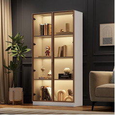 Soweiz Balta stikla vitrīna ar 16 krāsu LED apgaismojumu, divdurvju vitrīna ar pārvietojamiem plauktiem, 80 x 40 x 160 cm, augsta vitrīna viesistabai, stāvoša vitrīna