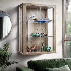 K-Möbel Piekaramais stikla vitrīna Sonoma ozols (80 x 60 x 25 cm) ar 2 regulējama augstuma stikla plauktiem - Sonoma ozols Automodeļu vitrīna Sonoma ozols - Kolekcionāra vitrīna - Stikls