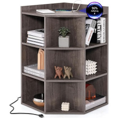 Costway 3 līmeņu stūra grāmatu plaukts ar uzlādes staciju, stūra plaukts ar 9 nodalījumiem, 2 USB pieslēgvietām un 4 rozetēm, uzglabāšanas plaukts guļamistabai, viesistabai (pelēks ozols)