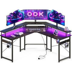 ODK Spēļu galds ar LED, spēļu galds ar 2 ligzdām un 2 USB uzlādes pieslēgvietām, stūra galds ar plašu monitora plauktu, melns