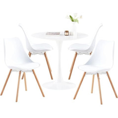 Buybyroom Skandināvu apaļais pusdienu galda un krēslu komplekts ar 4 baltiem krēsliem, piemērots virtuvei, ēdamistabai, viesistabai, balkonam, dārzam, bistro, MDF, balts, 80 x 80 x 73 cm