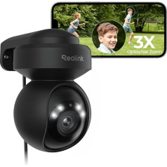 Reolink 5MP PTZ ārējā novērošanas kamera, WiFi, 3X optiskā tālummaiņa, 2,4/5GHz WiFi ārējā kamera ar automātisku izsekošanu, personas/braukšanas līdzekļa noteikšanu, pilnkrāsu nakts redzamība, E1 Outdoor Black