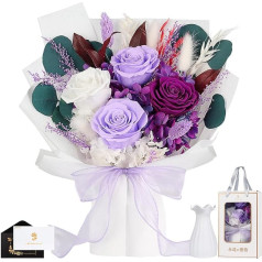 Mūžīgās rozes ziedu pušķis ar vāzi Violeta, bezgalība saglabāts reāls zieds, rožu pušķis dāvanu kastē, violeta dāvana viņai Sievietes draudzene Māte vecmāmiņa Valentīna dienai Jubileja Dzimšanas diena