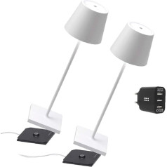 Zafferano [Amazon Exclusive] Komplekts 2x Poldina Pro bezvadu LED galda lampa ar uzlādējamu skārienjūtīgu reostatslēdētāju - IP65 iekštelpām/ārpus telpām, alumīnija, augstums 38 cm, ar vairāku USB lādētāju, balts