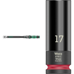 Wera Click-Torque C 3 05075622001 Dinamometriskā uzgriežņu atslēga ar reversējamu sprūdrata mehānismu, melna, zaļa, 1/2 collas, 40-200 Nm & 05004590001 8790 C riteņu triecienelementu, uzgriežņu atslēga ar 1/2 collas piedziņu, 17,0 mm