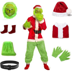 Bavpelp Grinch Kostüm 7-Teilig，Weihnachtsmann Kostüm Geeignet für Männer und Frauen，Perfekt für Weihnachtsfeiern, Cosplay, für Halloween Fasching Party, Vielseitige Größen