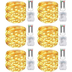 litogo Pack of 6 LED Fairy Lights baterijas ar tālvadības pulti, 10 m 100 LED baterijas ar taimeri, 8 režīmi, IP65 ūdensnecaurlaidīgas pasaku gaismas, āra silti balta stieple Ziemassvētkiem, iekštelpu āra dekorēšanai