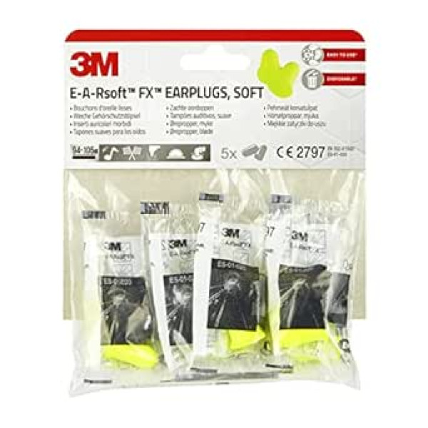 3M Ea-RSoft FX dzeltenie ausu aizbāžņi Ausu aizbāžņi trokšņa līmenim 94–105 dB (SNR 39 dB), (1 iepakojums ar 5 pāriem)