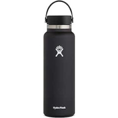 Hydro Flask 1180 ml dzeramā pudele, izolēta nerūsējošā tērauda dzeramā pudele, sporta pudele ar necaurlaidīgu elastīgu vāciņu un siksnu, termokolba, mazgājama trauku mazgājamā mašīnā, plaši atverama, melna