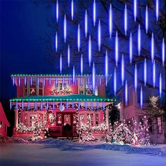 Kedoxi Icicle Fairy Lights Outdoor, Christmas Lighting Outdoor, Meteor Rain Lights 7,6 m, Snowfall Fairy Lights 10 Tubes, Meteor dušas lietus gaismas LED sloksne Ziemassvētku dekorēšanai, Party Blue