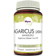 Agaricus Organic Vital Mushroom | 93 sēņu kapsulas pa 500 mg pulvera | Agaricus Blazei Murril (ABM) | Organisko sēņu pulveris bez piedevām