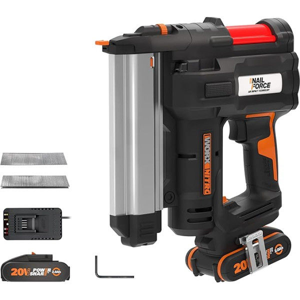 WORX Nitro 18 V (20 V maks.) naglošanas ierīce WX840.1, PowerShare, 2-in-1 bultskrūvju iestiprinātājs un skavotājs, LED gaisma, 2 x 2 Ah akumulators, 200 gab., 38 mm 18 collu naglas, 32 mm 18 collu naglu skavas