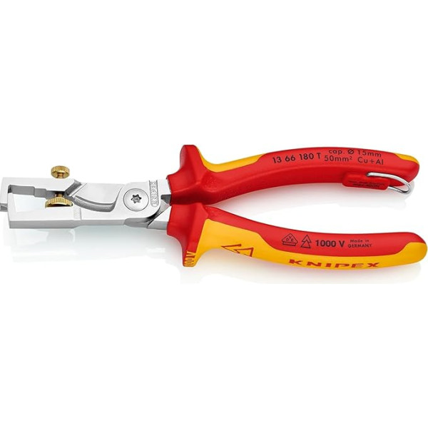 Knipex StriX Abisolierzangen mit Kabelschere verchromt, isoliert, VDE-geprüft; mit Befestigungsöse zum Anbringen einer Absturzsicherung 180 mm (SB-Karte/Blister) 13 66 180 T BK